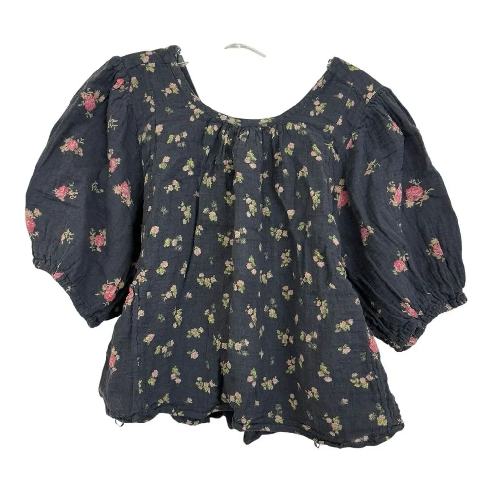 Free People Chloe Crop Backless Top Sz S Gray Floral Balloon Sleeve Cottage Boho